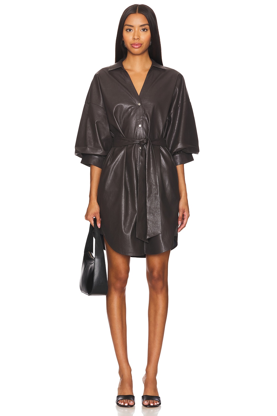 Kate Belted Vegan Leather Shirt Dress - Thumbnail 1