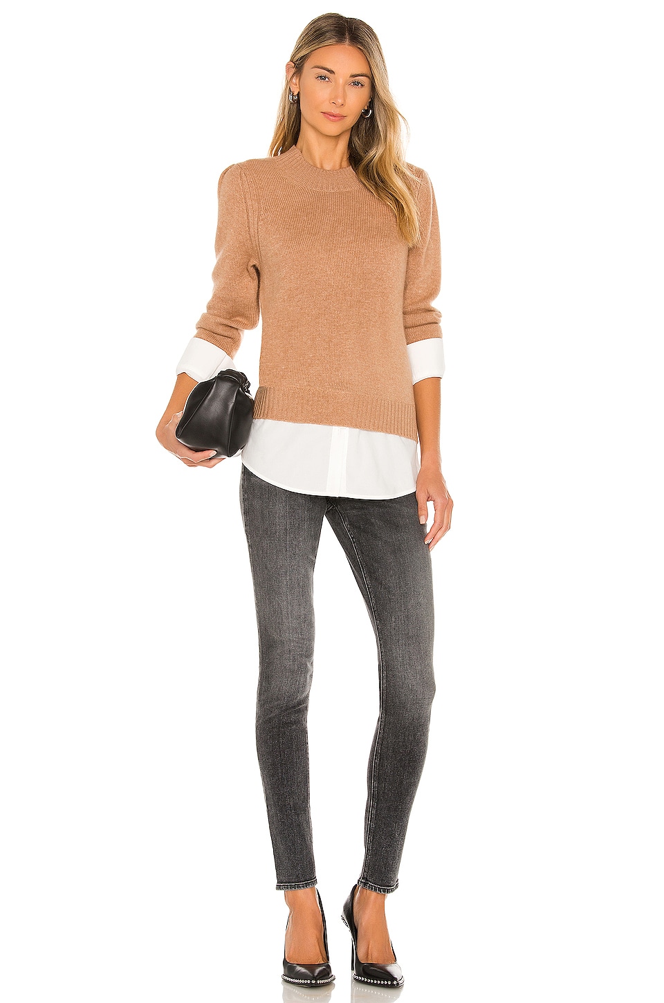 Brochu Walker Eton Layered Crew Looker Sweater in Camel Melange & White