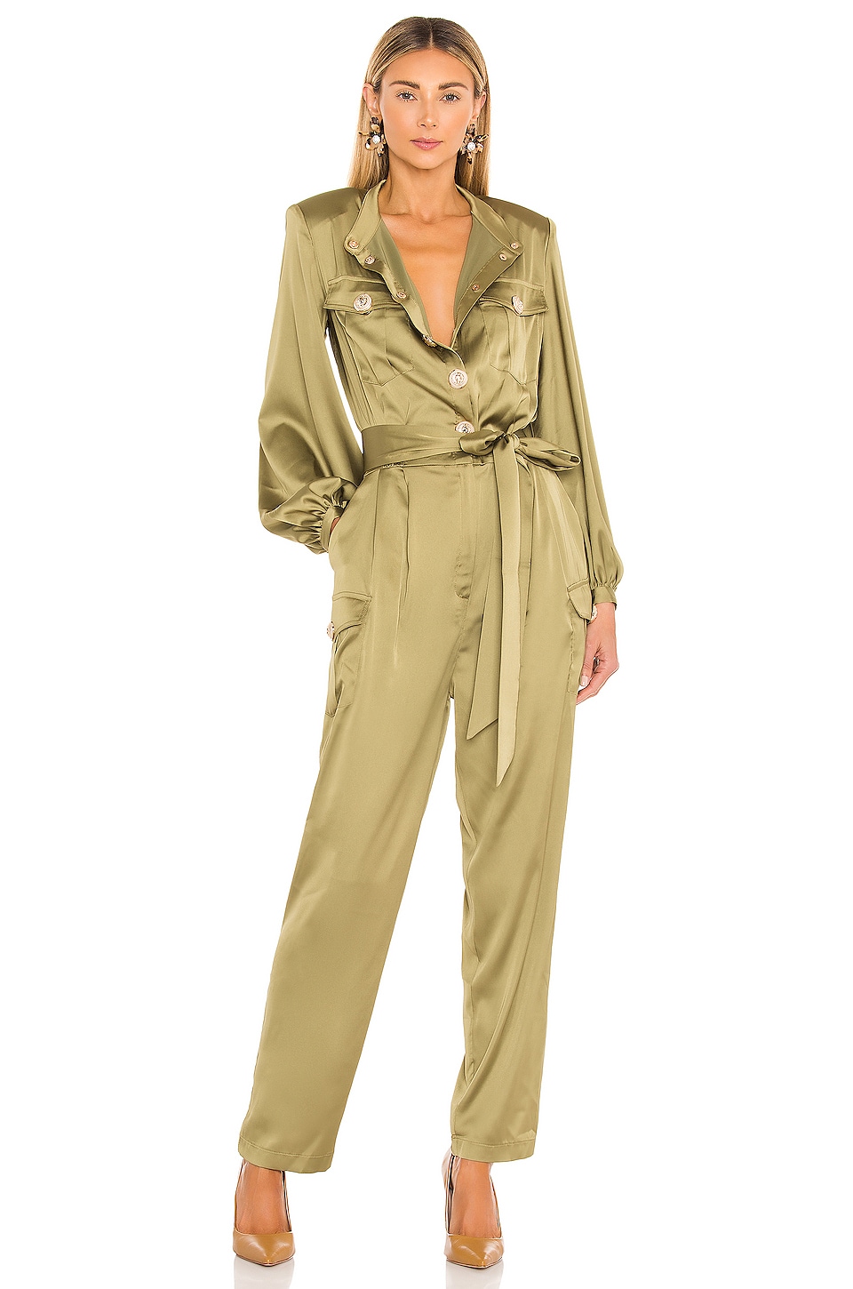 Green Designer Jumpsuit for Evening with Buttons, Tie Waist, Collared Neck, and Long Sleeves