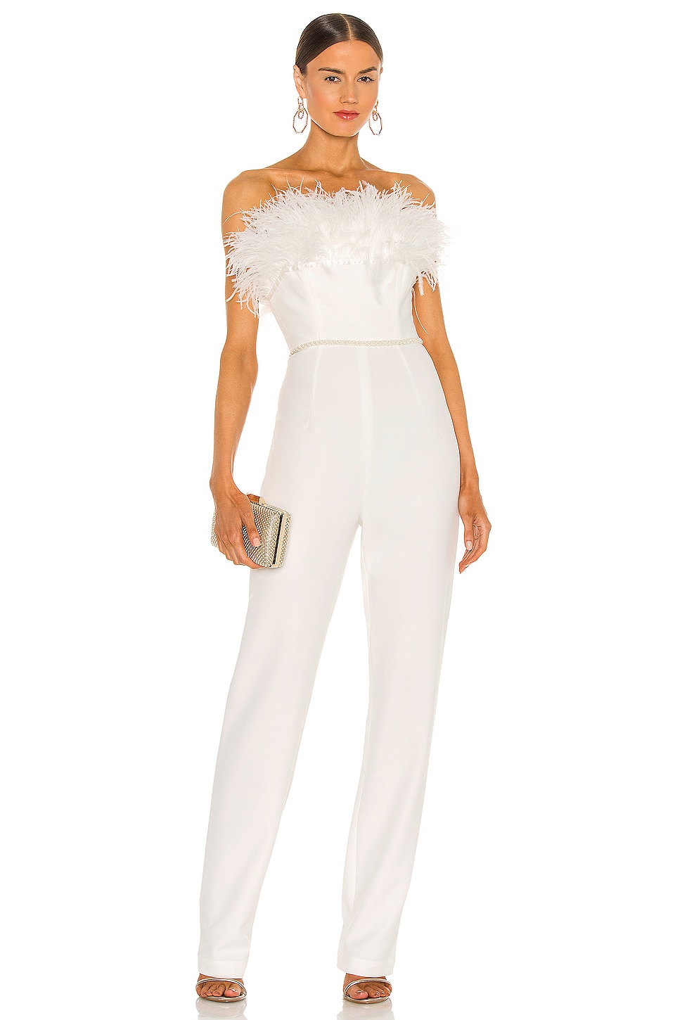 White Strapless Rehearsal Dinner Jumpsuit with Feathers by Revolve