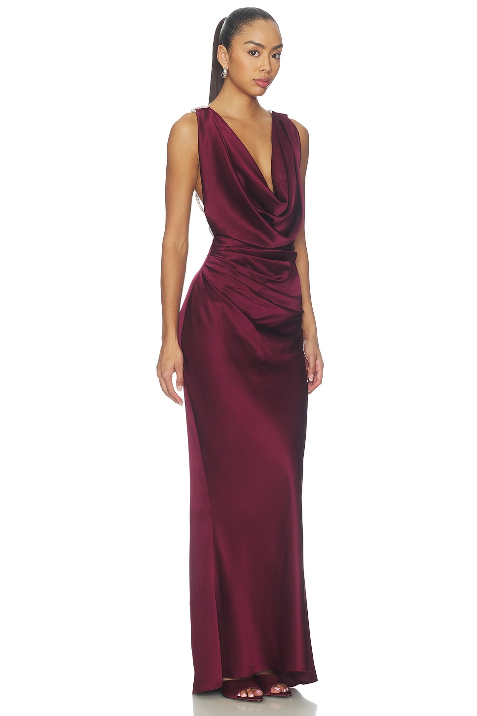 Bronx Banco Silky Cowl Neck Gown With Diamond Embellished Back