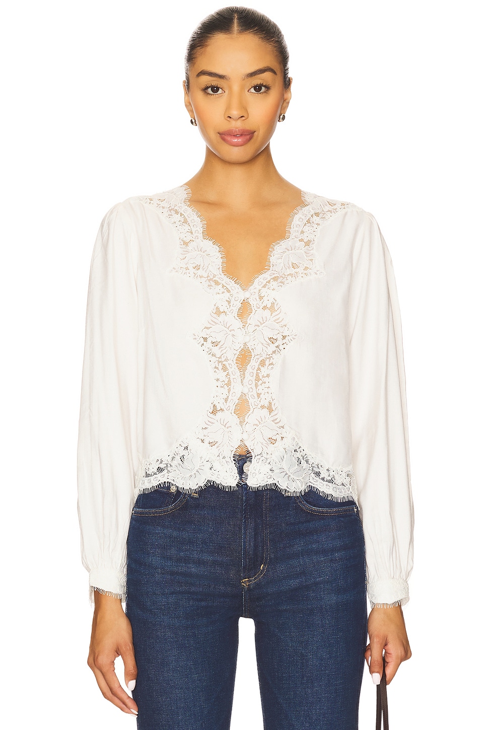 セイラ。AMERI  TWINS LACE BLOUSE Cami NYC Yuri Lace-Trimmed Satin Blouse | Saks Fifth Avenue