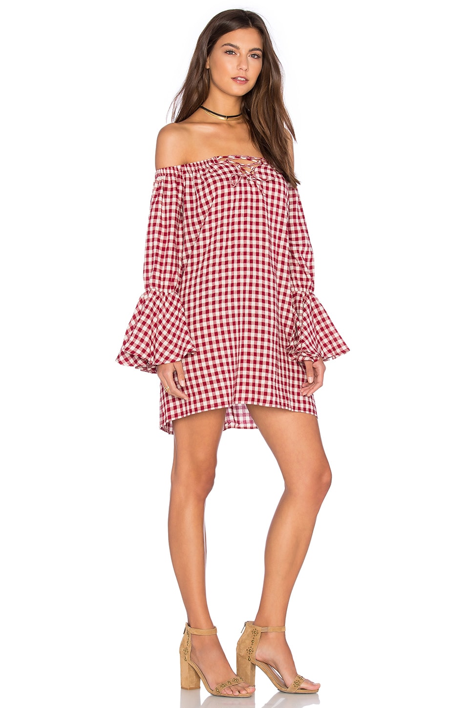 Capulet Shoulderless Long Sleeve Dress in Red Gingham
