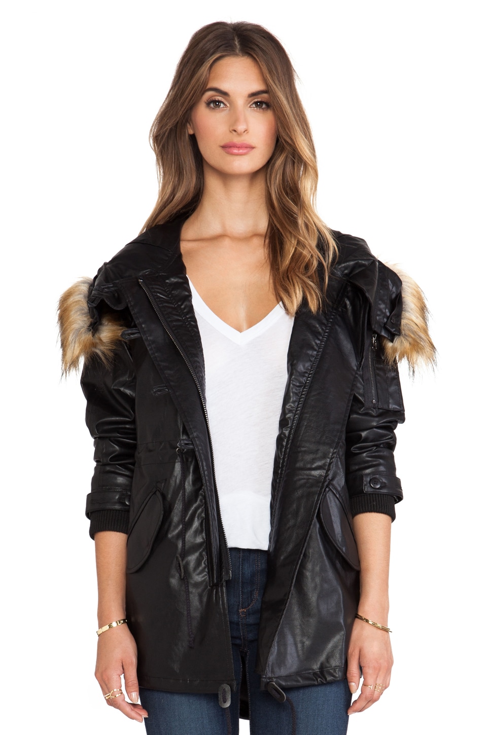 Image 1 of Vegan Leather Hooded Parka with Faux Fur Trim in Black