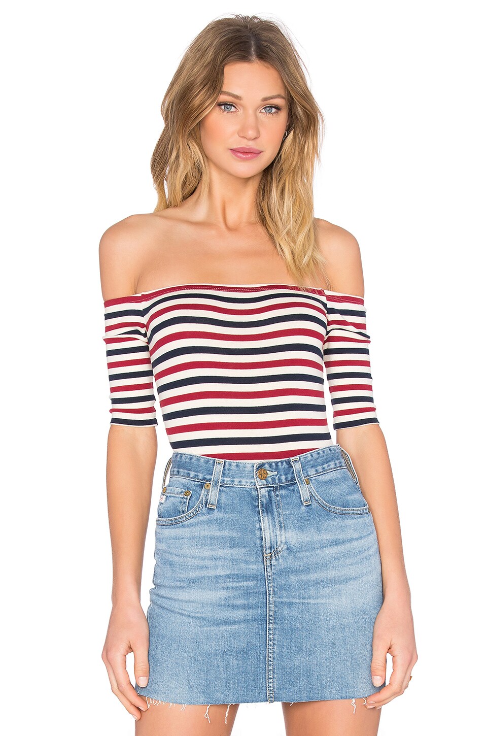 Capulet Short Sleeve Shoulderless Bodysuit In Red Cream And Navy Stripe Revolve