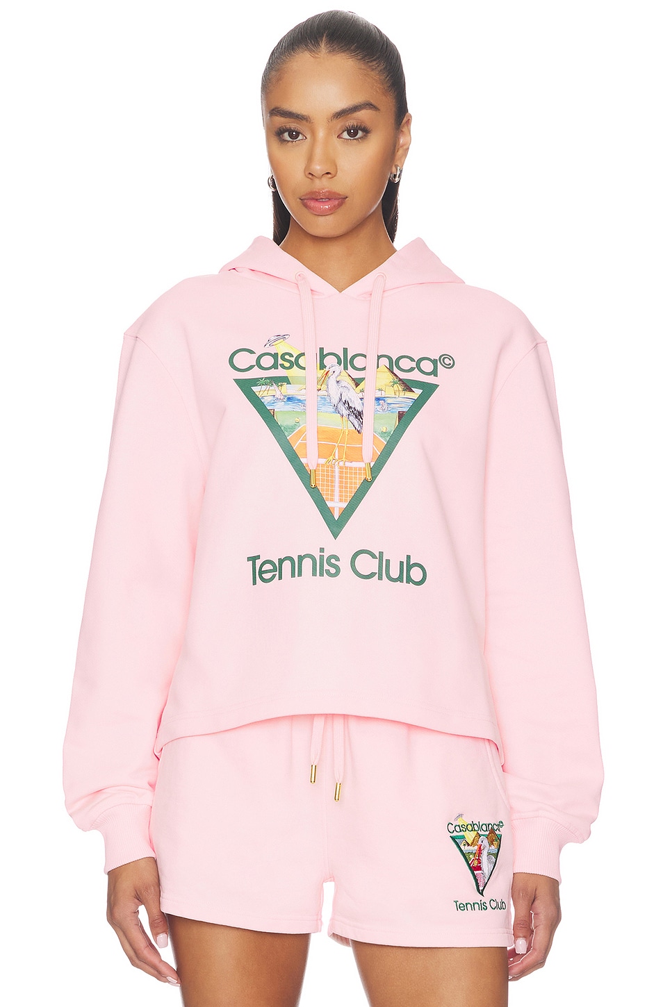 Casablanca Tennis Club Cropped Hoodie in Pink Loopback | REVOLVE