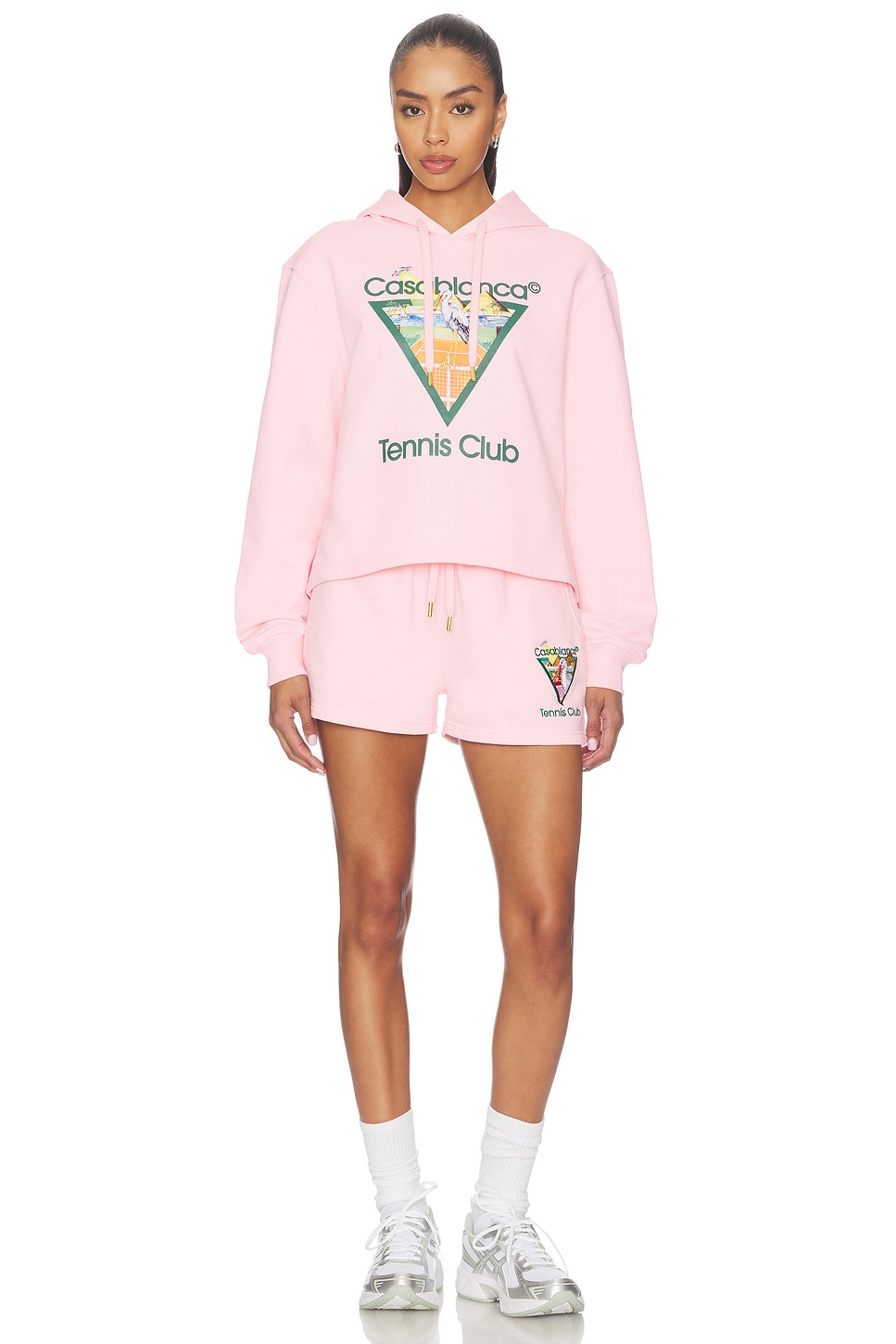 Casablanca Tennis Club Cropped Hoodie in Pink Loopback | REVOLVE