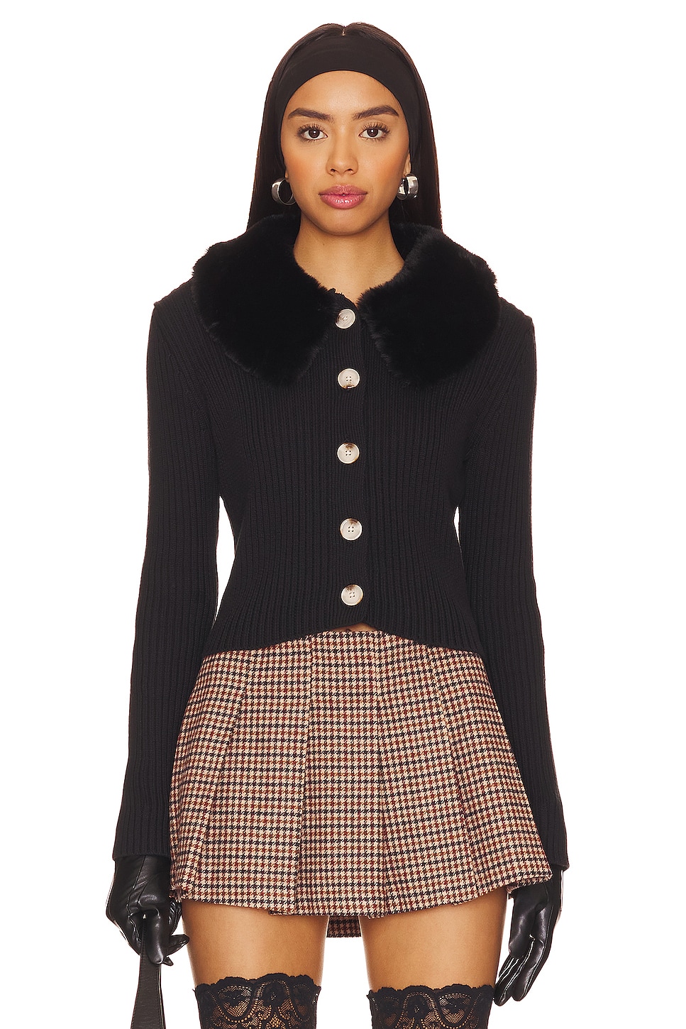 Central Park West Delilah Faux Fur Collar Cardigan in Black