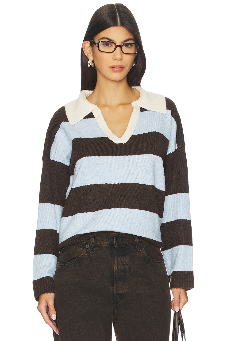 Central Park West Striped Rugby Sweater in Baby Blue & Chocolate