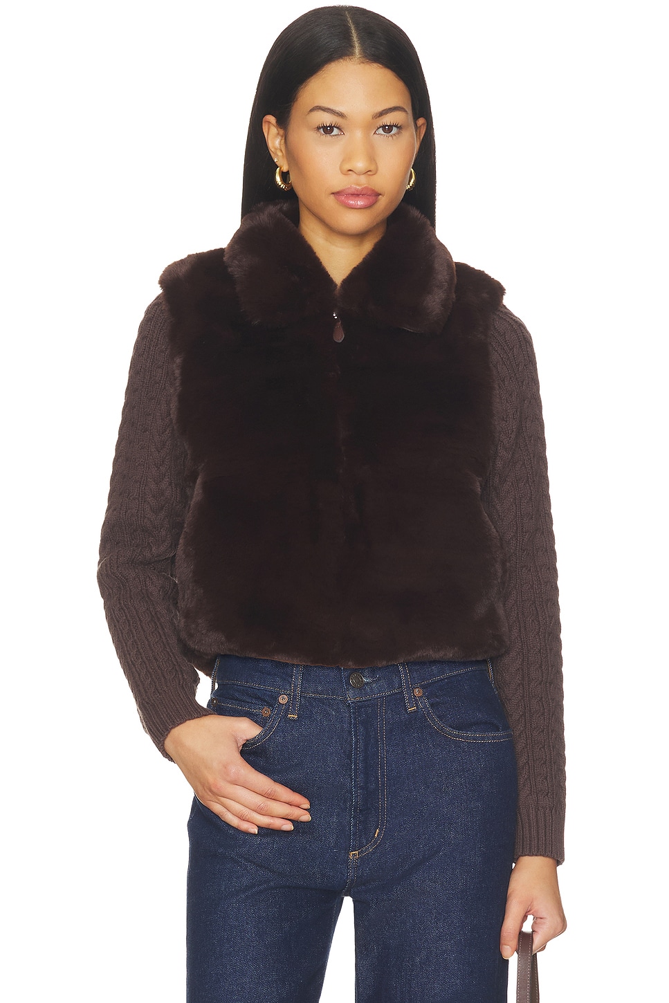Central Park West Maia Cropped Fur Cabled Sleeves Sweater