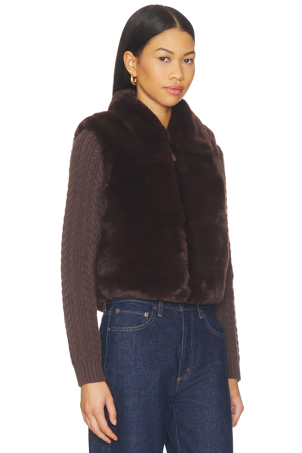 Central Park West Maia Cropped Fur Cabled Sleeves Sweater