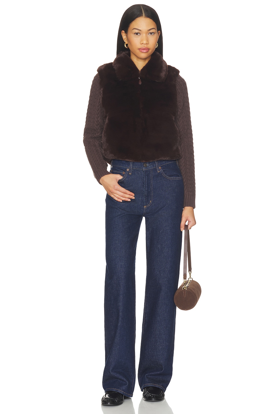 Central Park West Maia Cropped Fur Cabled Sleeves Sweater