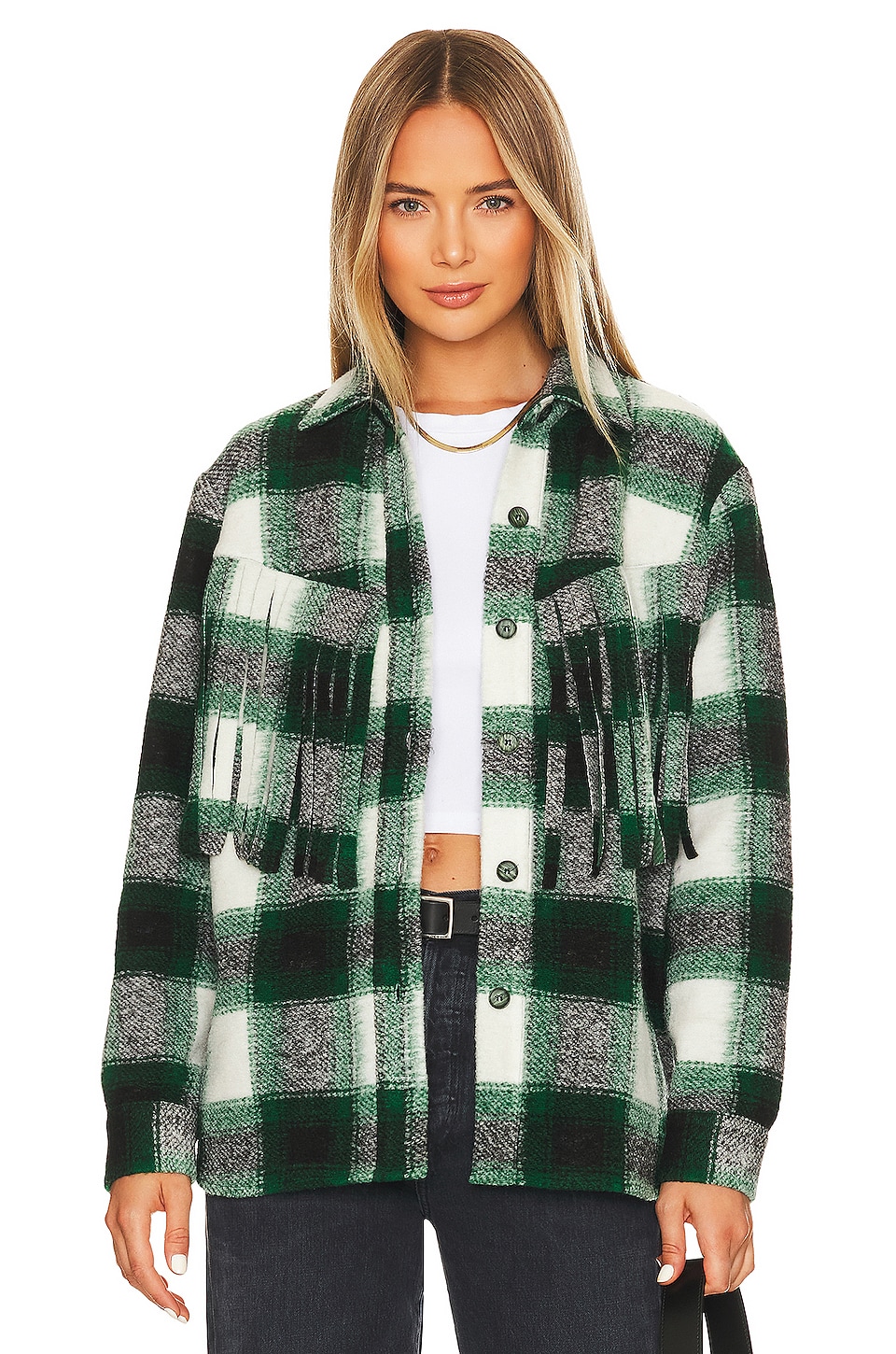 Central Park West Johnnie Plaid Fringe Shacket in Green | REVOLVE