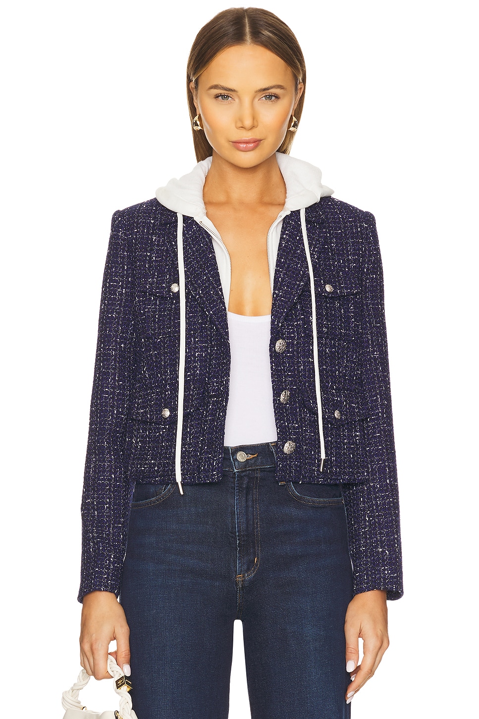 Central Park West Crop Tweed Dickie Blazer in Navy Multi | REVOLVE