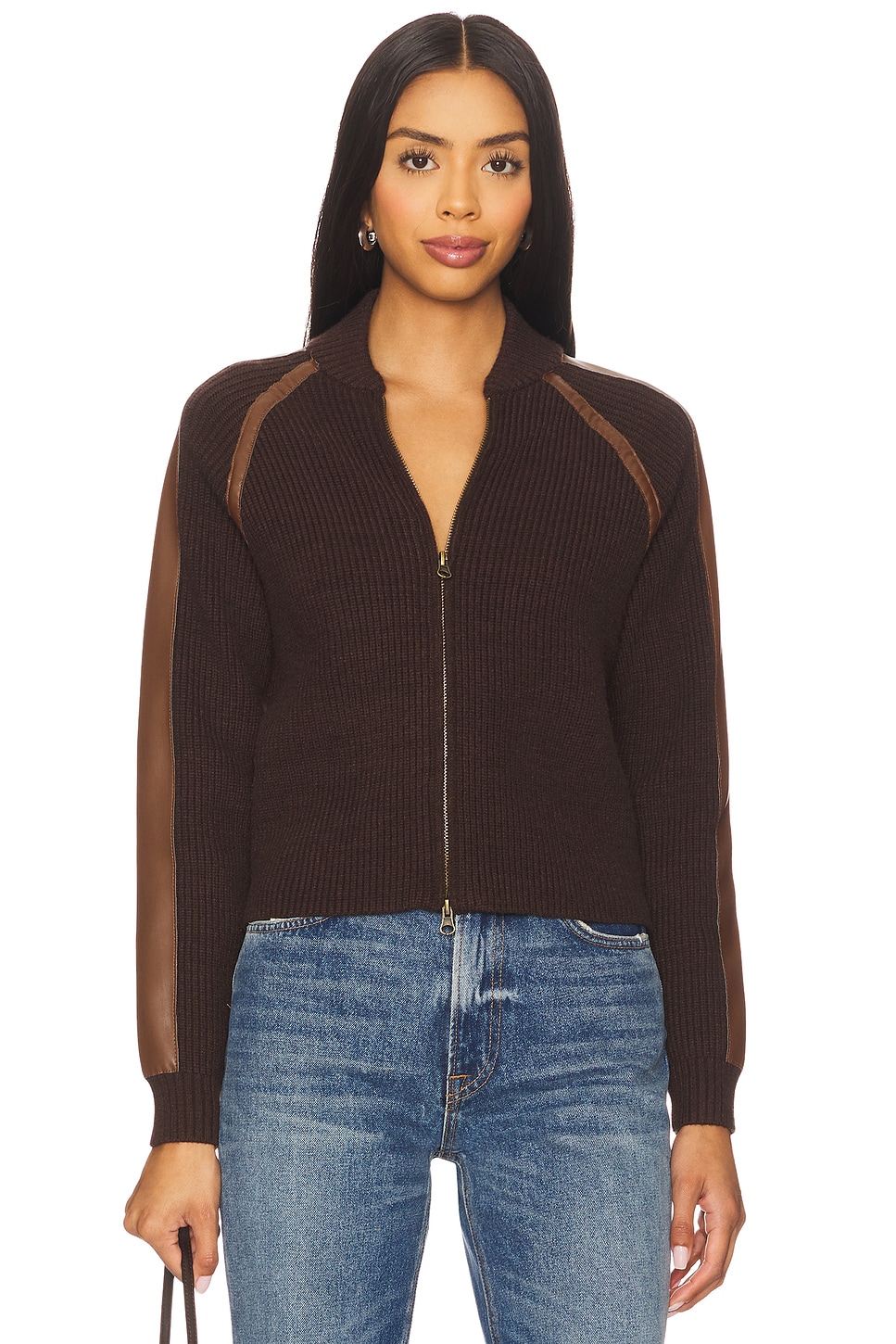 Central Park West Atlas Raglan Zip Up Jacket in Chocolate | REVOLVE