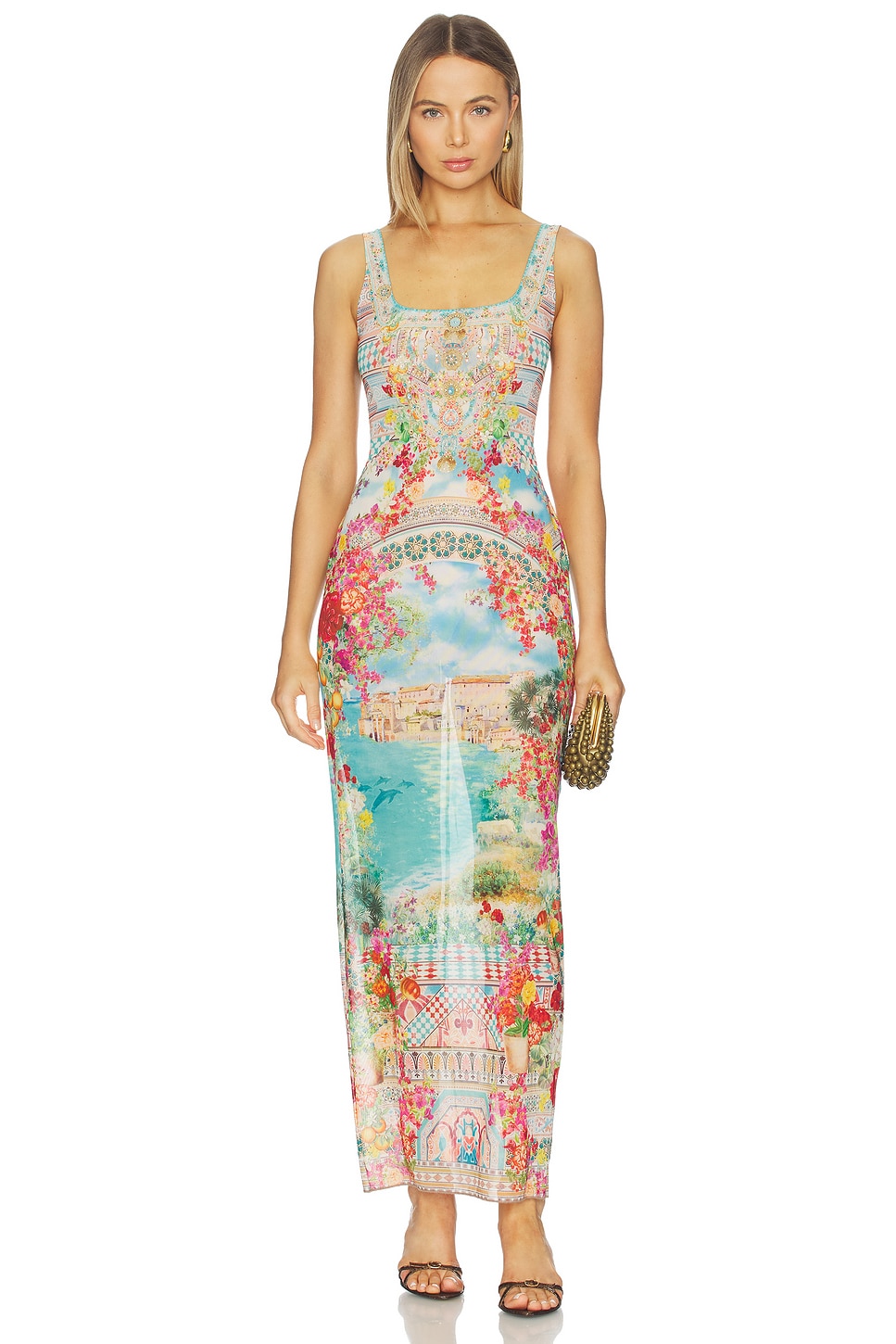 maxi camilla beach dress Feline Folklore Front Split Beach Maxi Dress With Chain