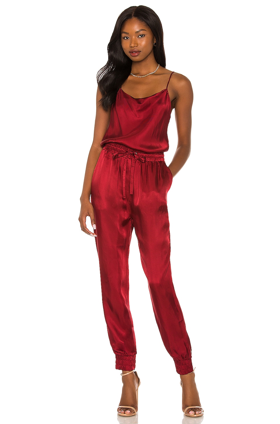 Red Satin Designer Jumpsuit for Evening with Tie Waist and Adjustable Spaghetti Straps