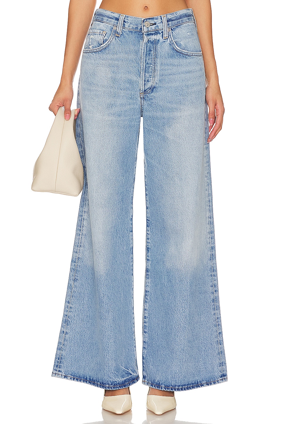 Alice and Olivia Cay High Rise Cargo Wide Leg Jeans in Brea Blue