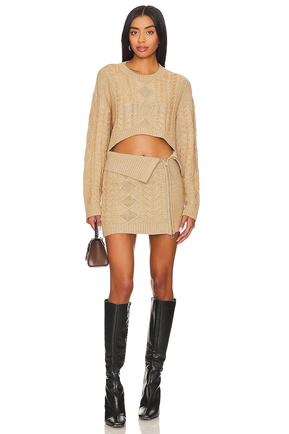 Camila Coelho Carmen Fold Over Cable Mini Skirt With Zip in Beige