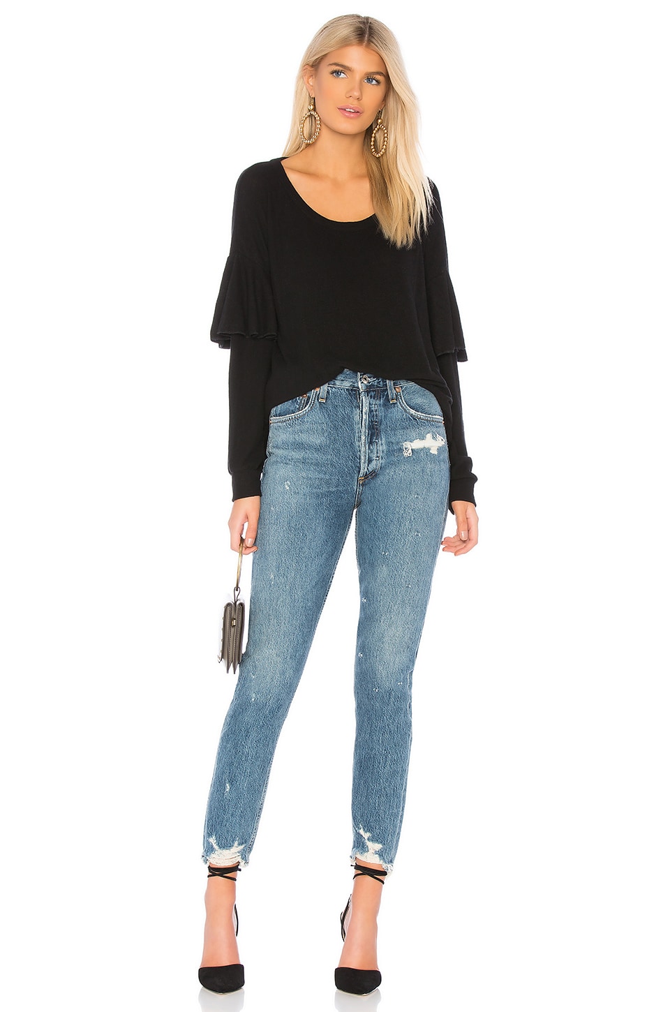 Chaser Ruffle Dolman Pullover in True Black | REVOLVE