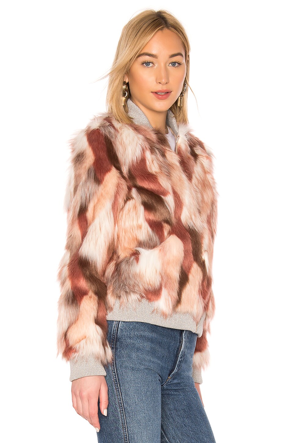 Chaser Faux Fur Bomber Jacket in Pink Calico