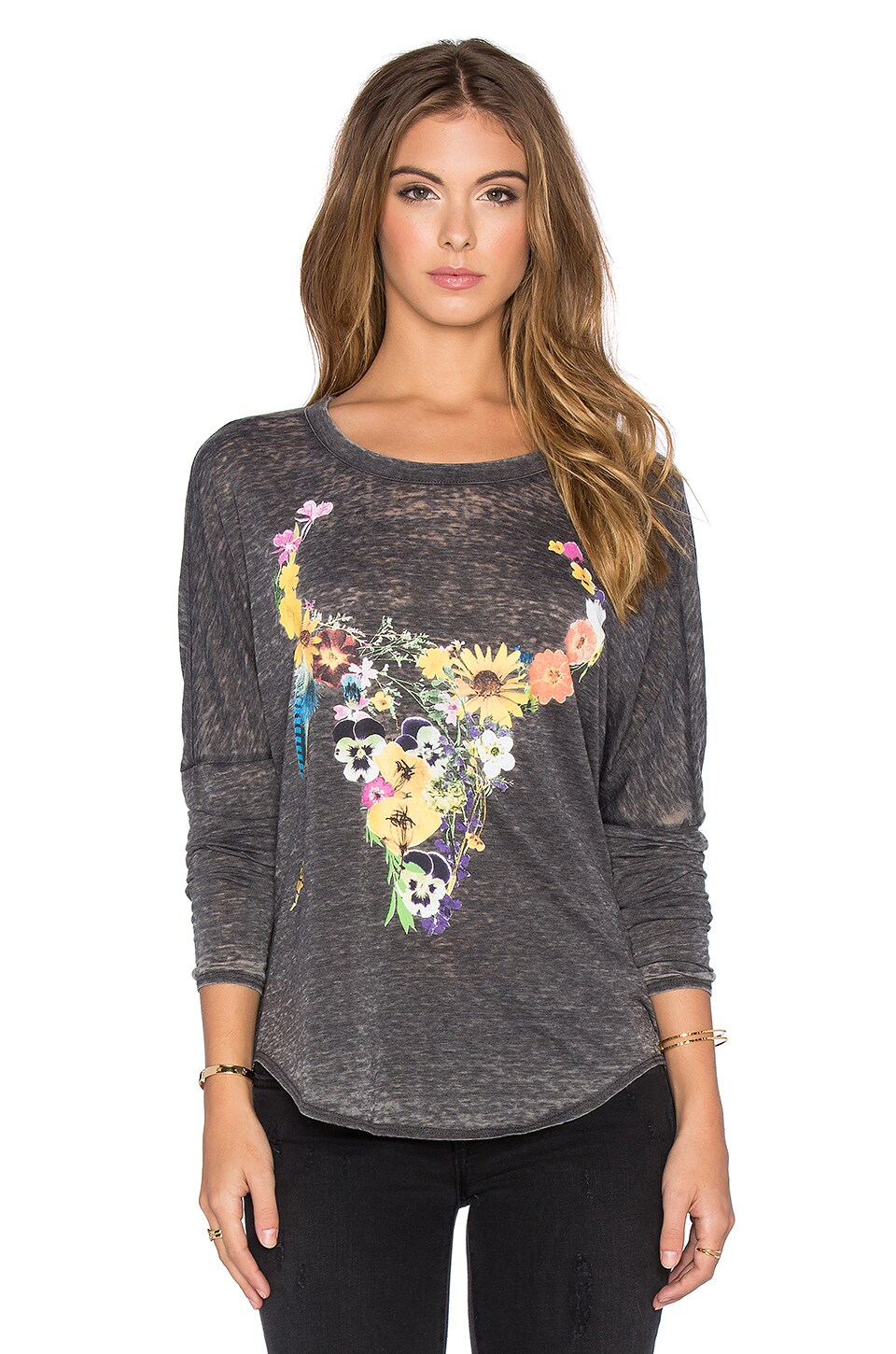 Chaser Floral Skull Long Sleeve Tee in 