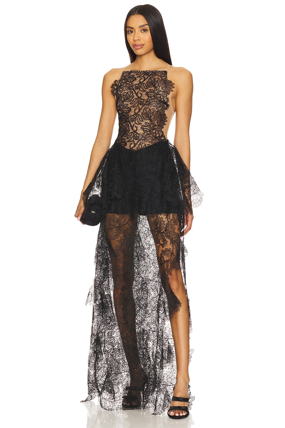 Open Side Lace Ruffle Gown