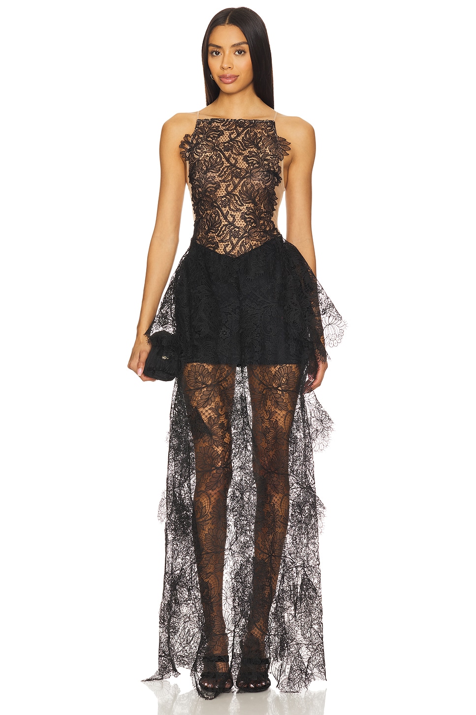 Open Side Lace Ruffle Gown