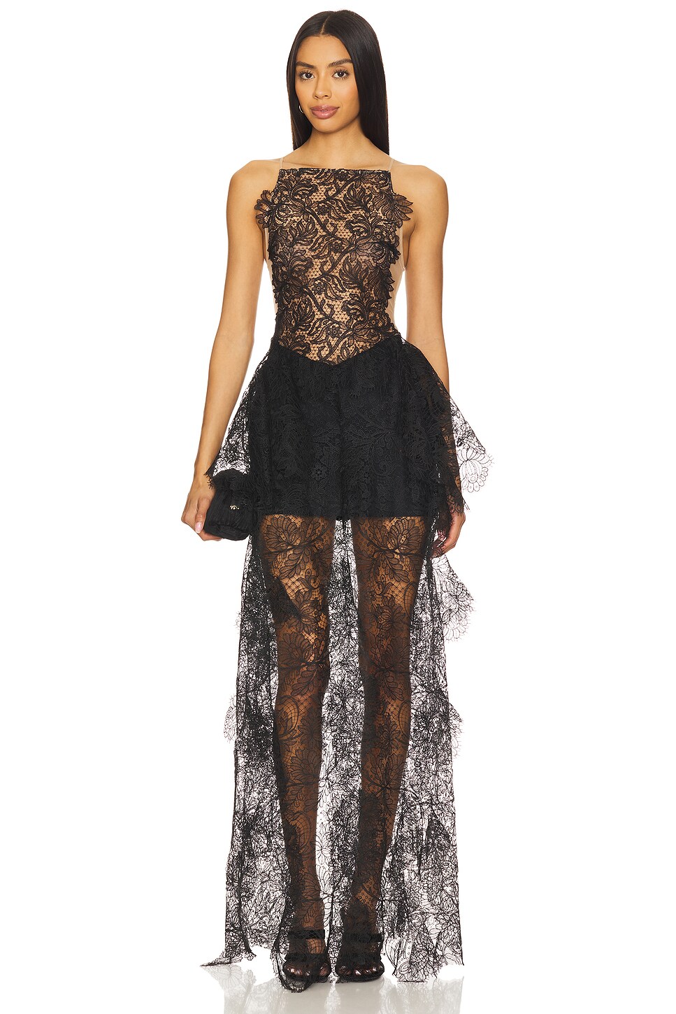 Open Side Lace Ruffle Gown