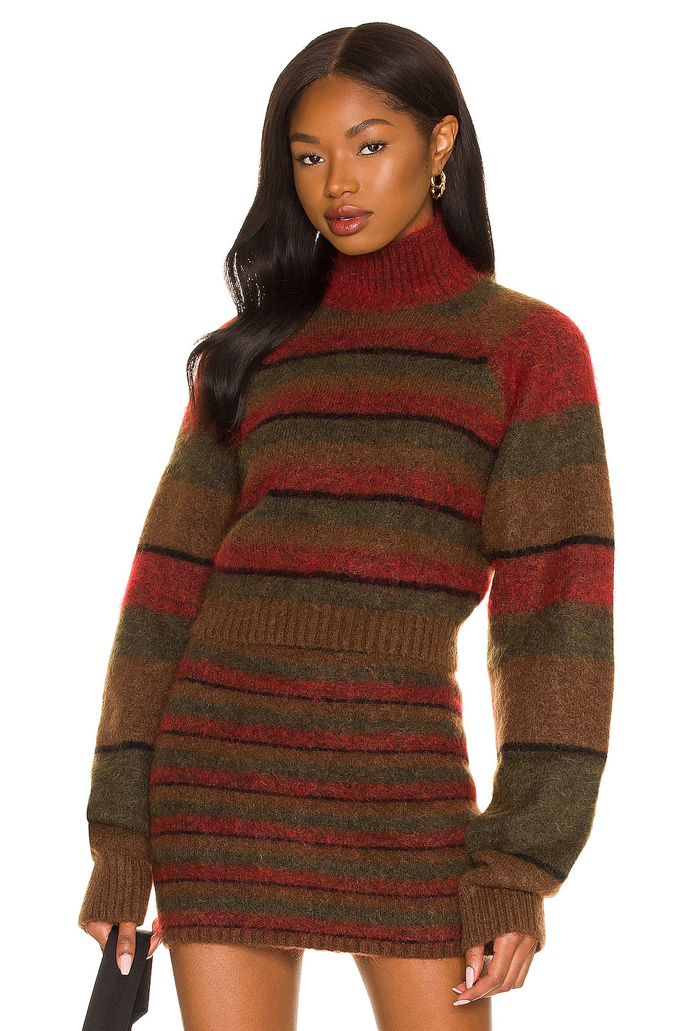 DANIELLE GUIZIO Striped Mohair Crop Sweater in Brown Green 