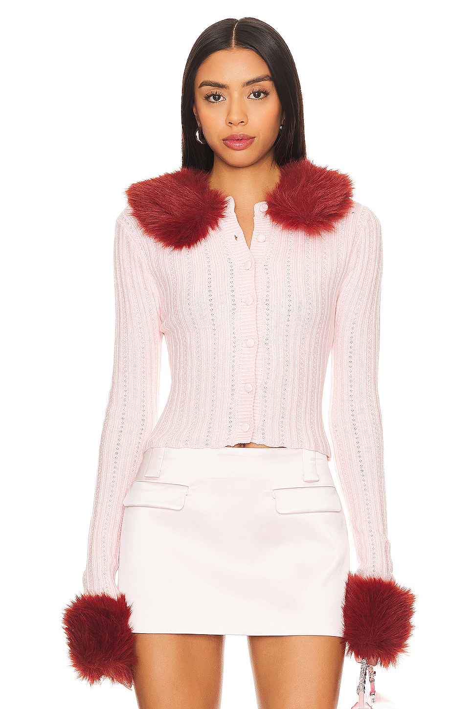 GUIZIO Heart Knit Cardigan in Baby Pink | REVOLVE