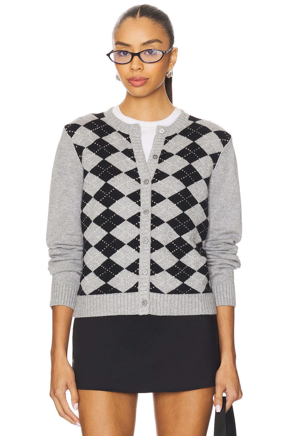 GUIZIO Relaxed Argyle Cardigan in Heather Grey | REVOLVE
