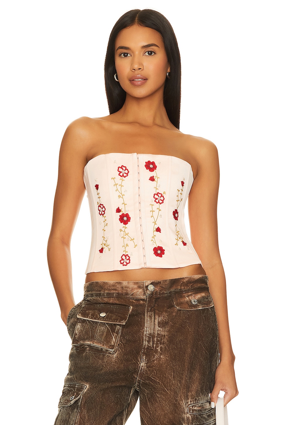 Ladies Rose Embroidery Corset Bustier Strapless Boned Waist