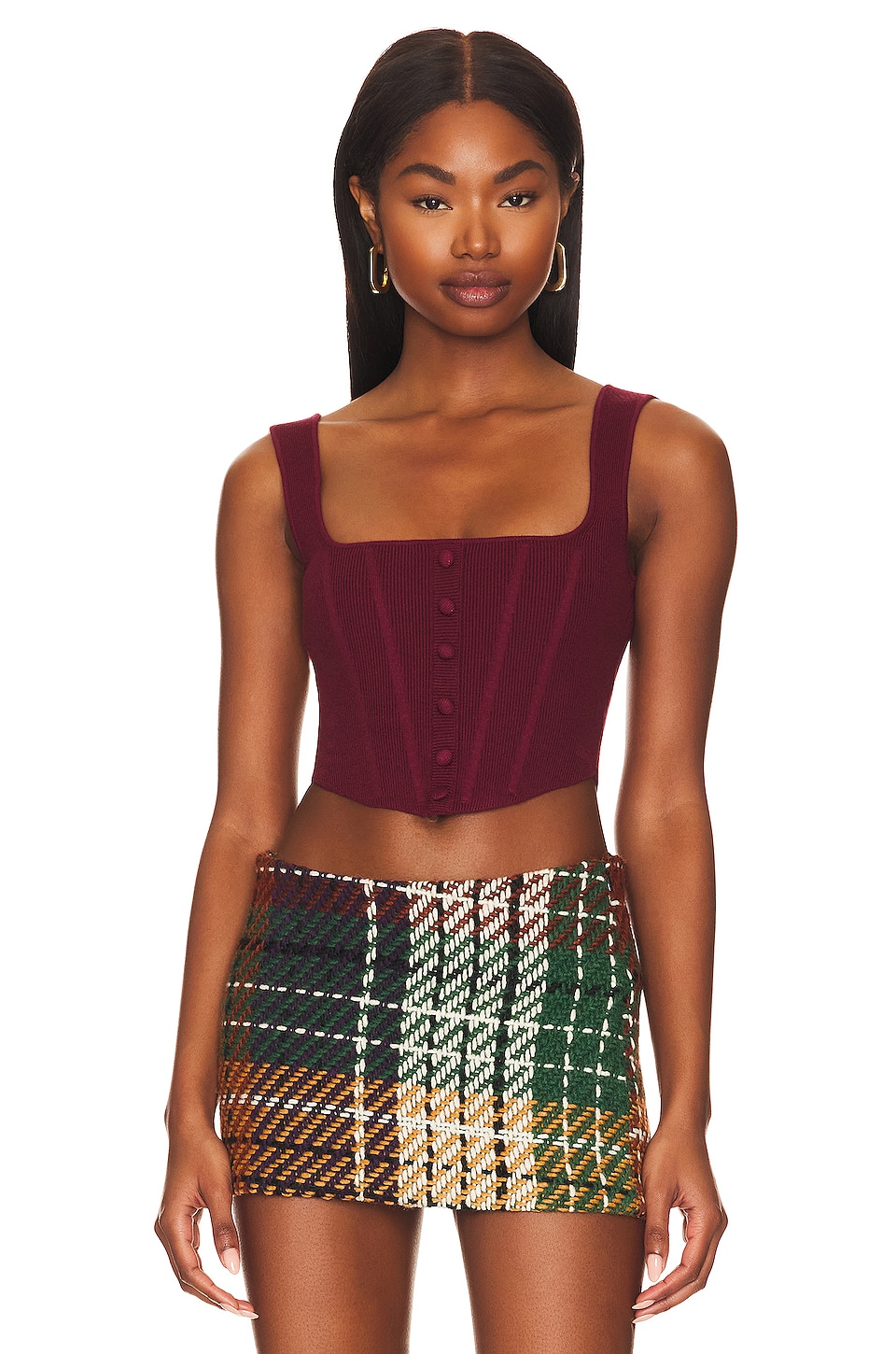 GUIZIO Knitted Corset Top in Maroon | REVOLVE