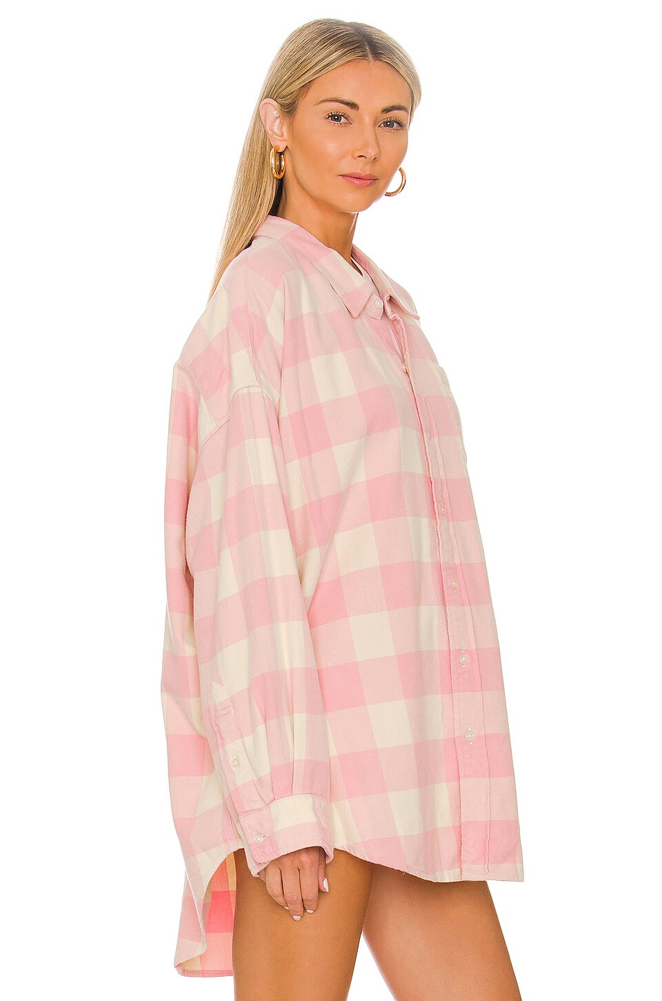 Denimist Button Front Shirt in Light Pink & Ecru Plaid