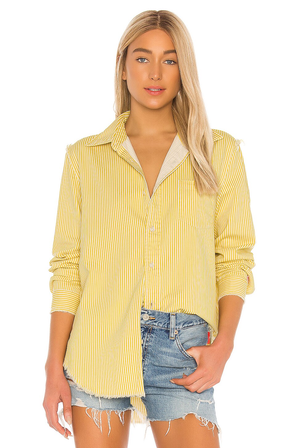 Denimist Frayed Edge Shirt in Yellow White Stripe | REVOLVE