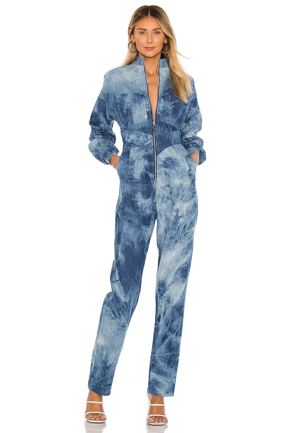 Divine Heritage Zip Front High Waisted Jumpsuit in Dark Washed Tie Dye Denim