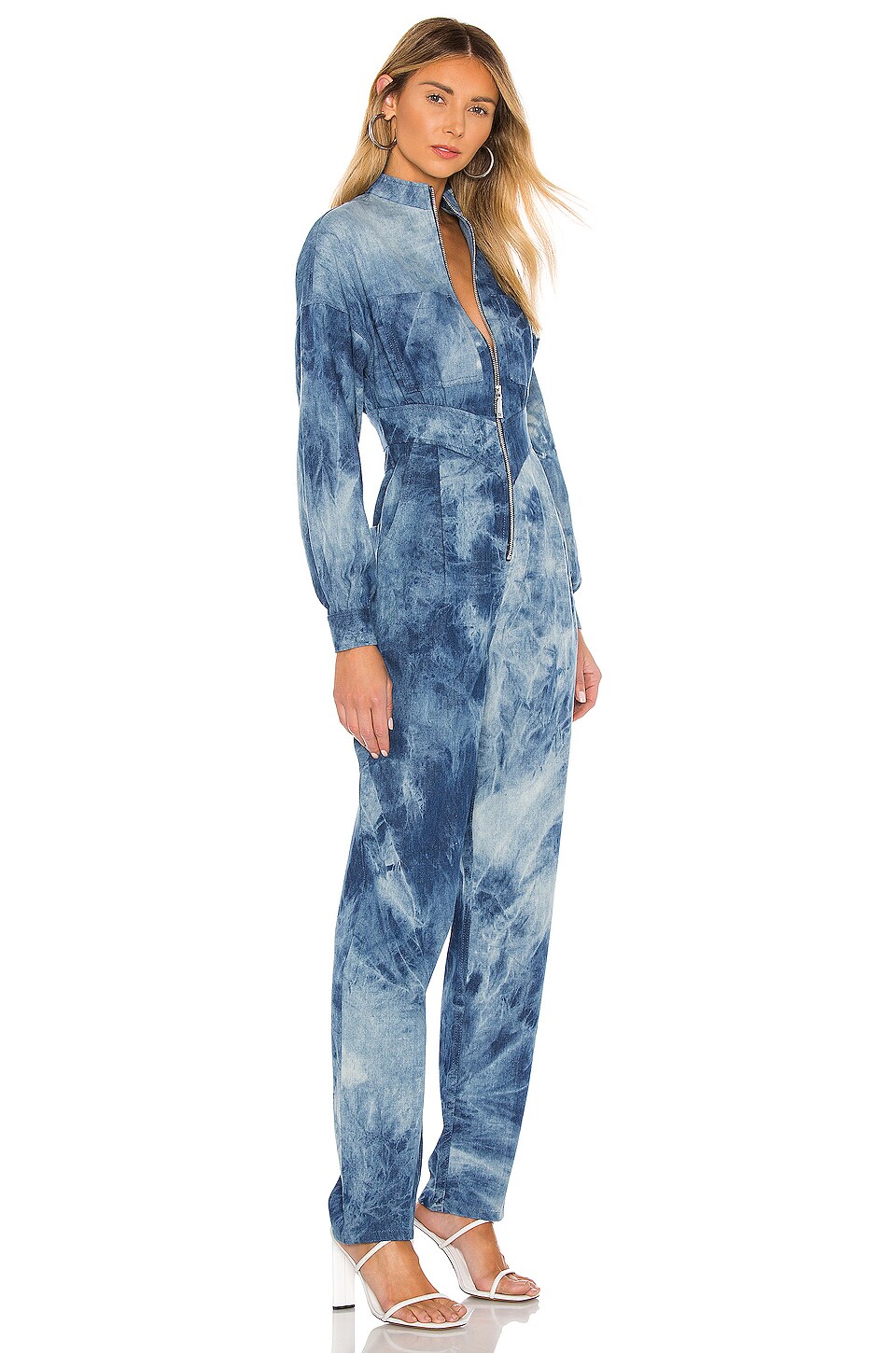 Divine Heritage Zip Front High Waisted Jumpsuit in Dark Washed Tie Dye Denim