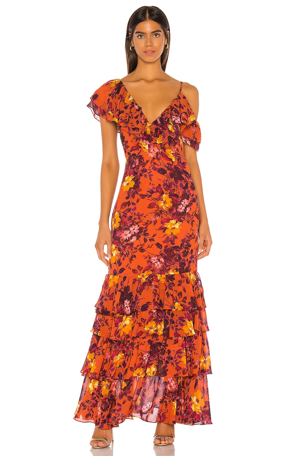 Divine Heritage Ruffle Tier Gown in Rust Vanishing Floral | REVOLVE