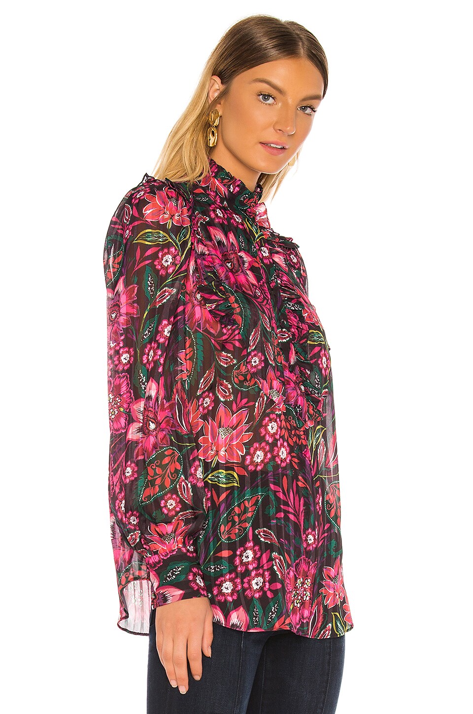 Divine Heritage Bib Front Ruffle Blouse in Pink Hungarian Floral