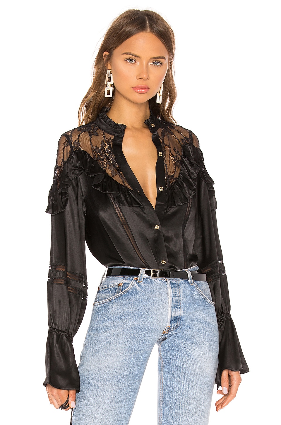 Divine Heritage Lace Yolk Ruffle Blouse in Onyx | REVOLVE