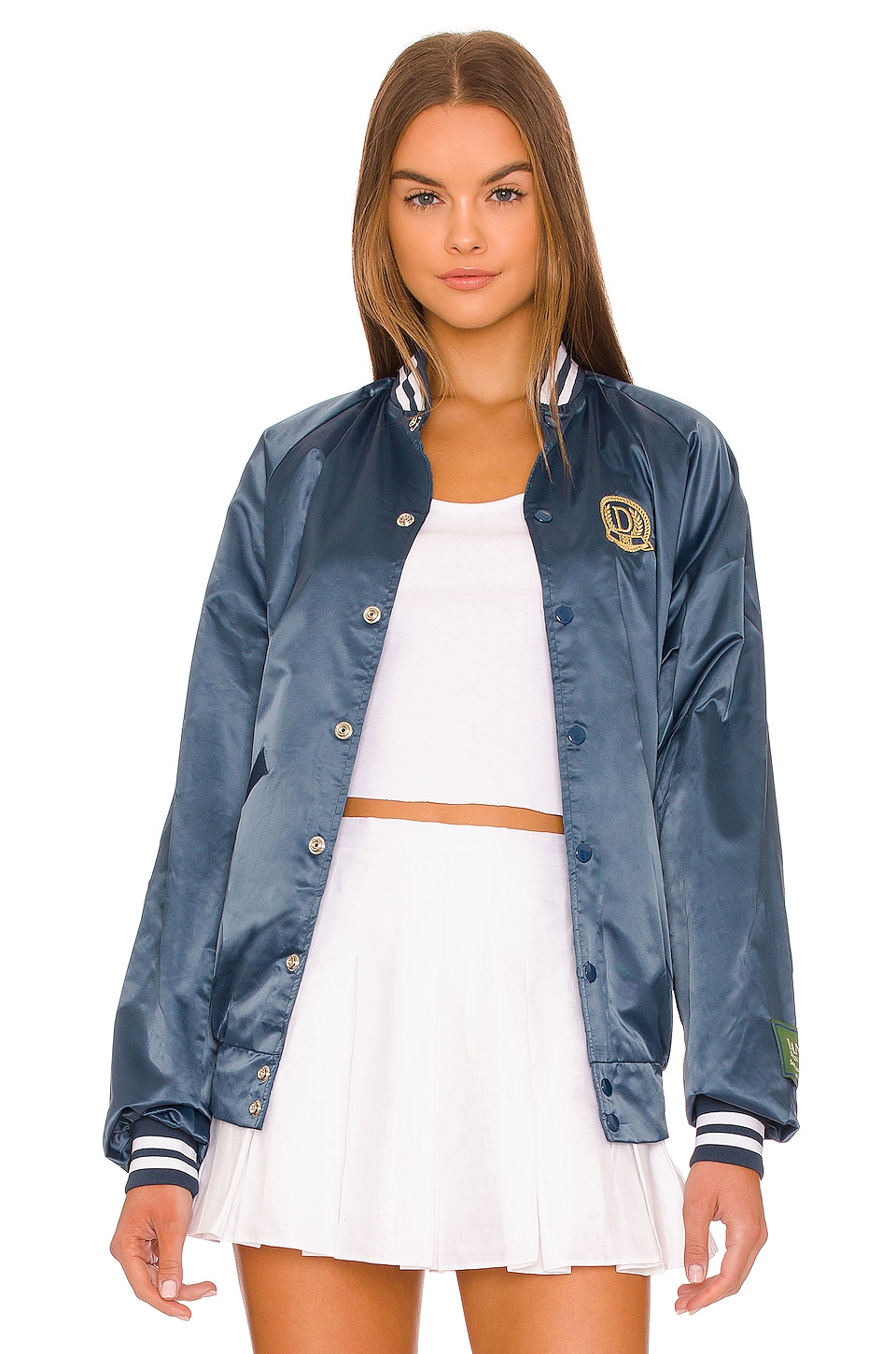 DANZY Vintage Satin Letterman Jacket in Navy