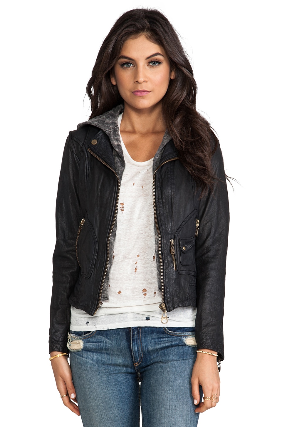 DOMA Vintage Zip Out Hood Leather Jacket in Black | REVOLVE