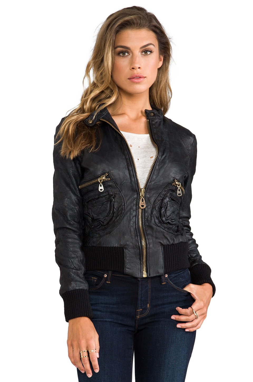 DOMA Leather Bomber Jacket in Black