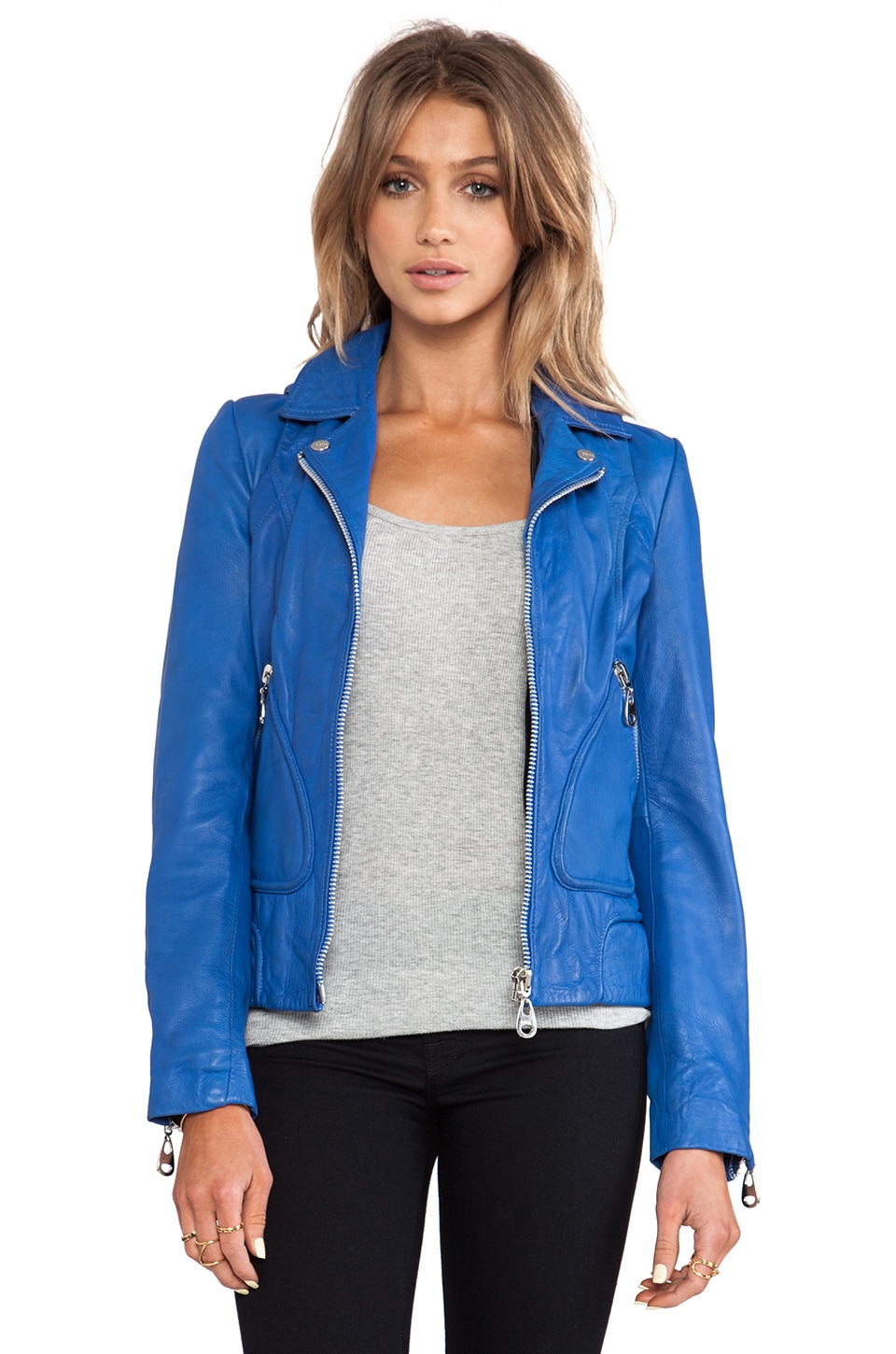 Doma Washed Lamb Leather Jacket With Detachable Hood In Electric Doma Washed Lamb Leather Jacket With Detachable Hood In Electric Blue Revolve