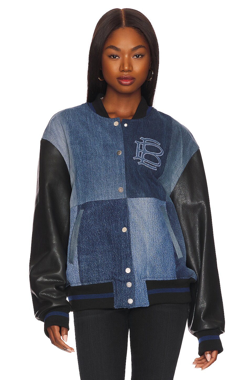 EB Denim Varsity Jacket in Dark Wash & Black