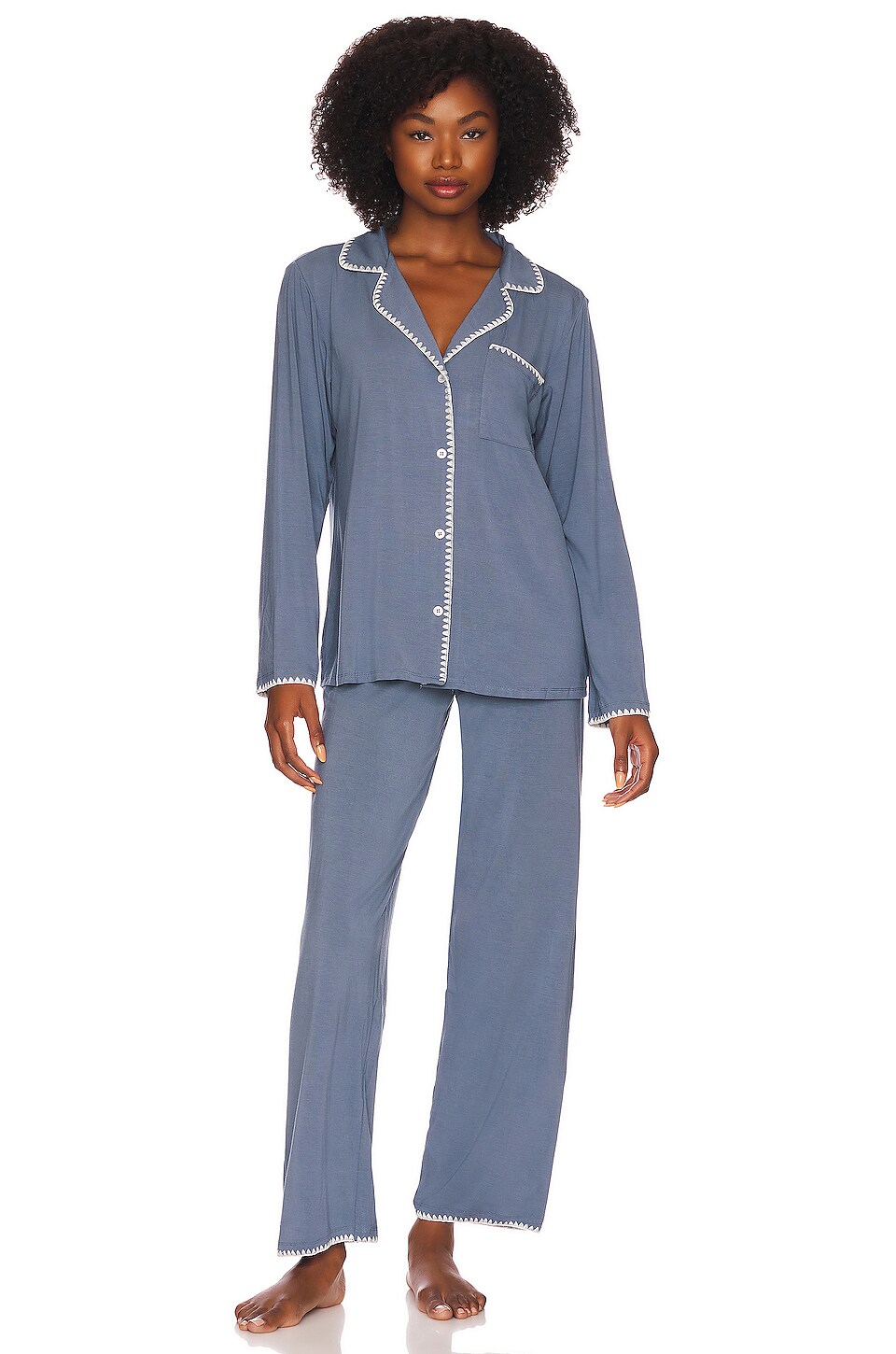 eberjey The Whip Stitch Long PJ Set in Coastal Blue | REVOLVE