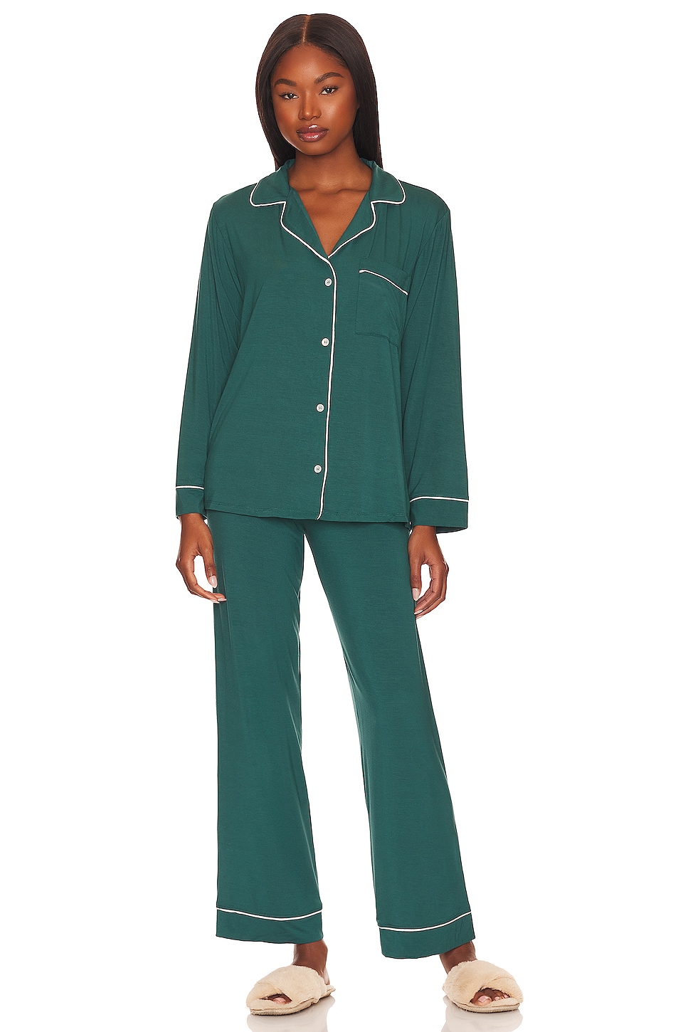 eberjey Gisele Long Pajama Set in Evergreen & Ivory | REVOLVE