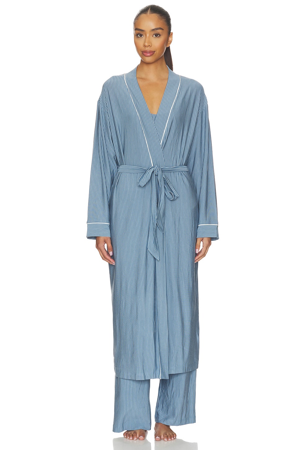 eberjey — ДЛИННЫЙ ХАЛАТ GISELE PRINTED · Duo Stripe Slate Blue Ivory