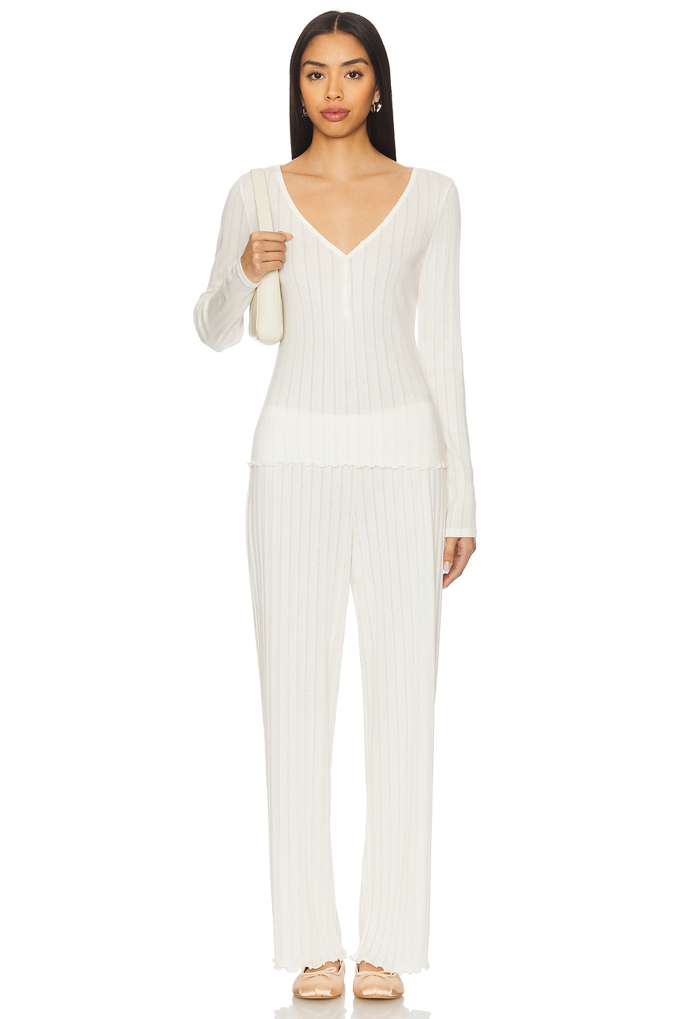 eberjey Pointelle V Neck Henley in Ivory | REVOLVE 